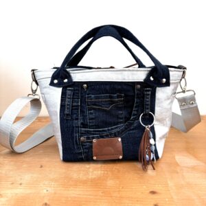 silver and denim borg bag
